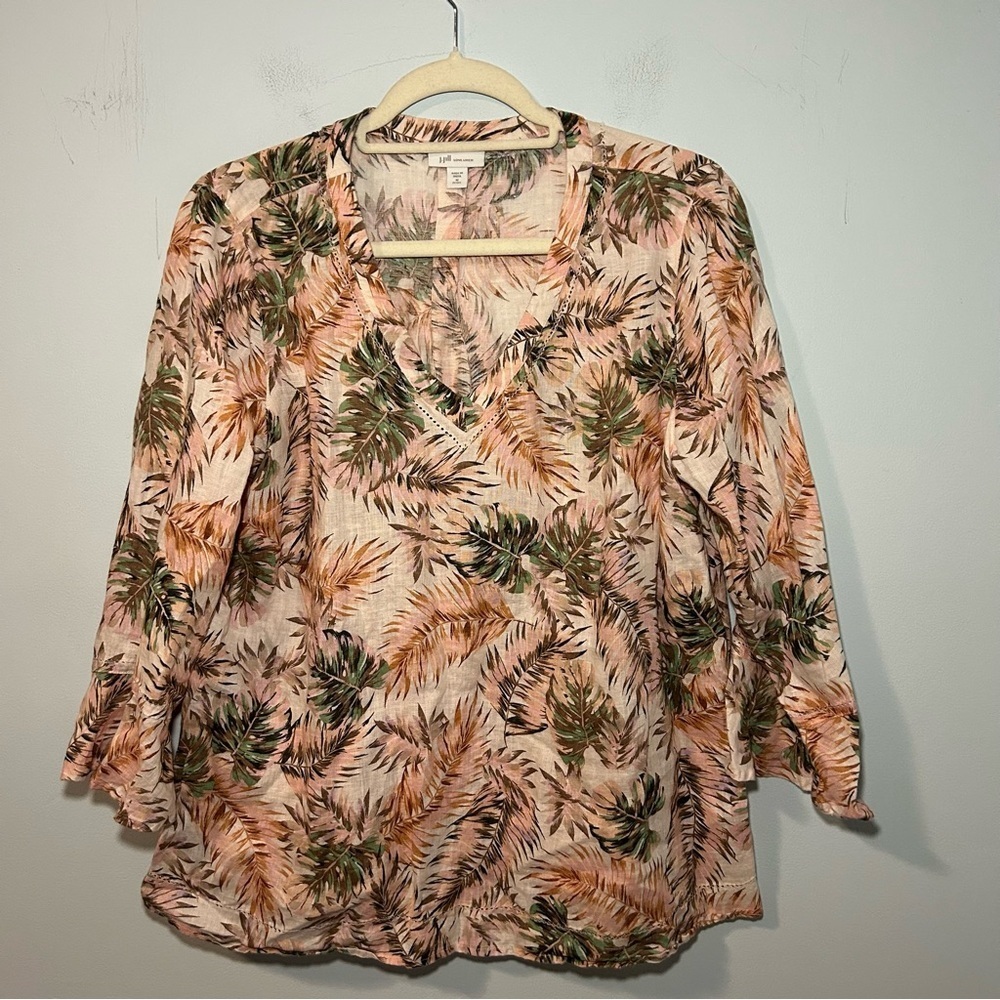 J. Jill Love Linen Pink Tropical Leaf Print Long Sleeve Tunic Blouse Size Medium